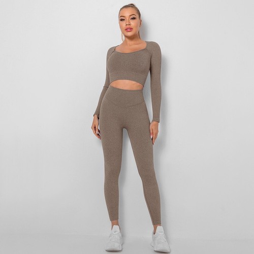 Damen 2-teilig Yoga Outfits nahtlos gerippt passend Fitness-Studio Kleidung Training Sets - Bild 52 von 124