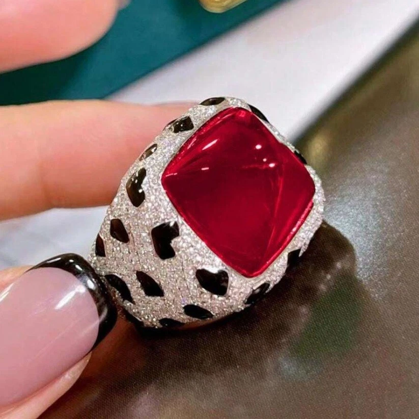 Simulated Cabochon Red Ruby & White Sapphire With Black Enamel Wide Luxury Ring - Image 2 of 4