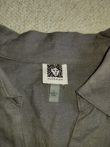 Womens Blouse-ANNE KLEIN-grey linen blend button-down w/hem tie 3/4 sleeve-L - Bild 5 von 5