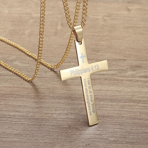 Cross Pendant Necklace for Men Boys Stainless Steel Lord's Prayer Bible Chain - Bild 21 von 67