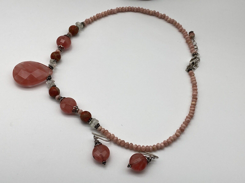 Vintage Sterling Silver Necklace Earring Set 925 Pink Various Gemstones - Picture 7 of 13