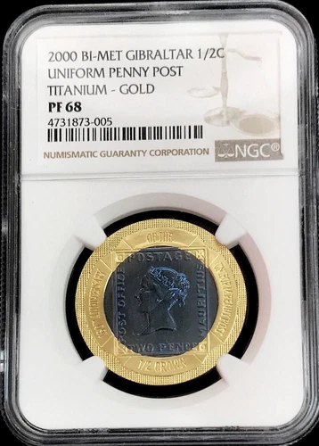 2000 GOLD & TITANIUM GIBRALTAR BI-METAL 1/2 CROWN UNIFORM PENNY POST NGC PF 68