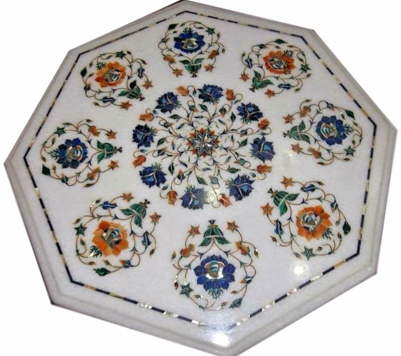 18-inch Handmade Marble Coffee Table with Semi-Precious Stone Floral Inlay Design