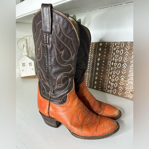 Vintage Larry Mahan Orange and Brown Embroidered Western Cowboy Boots Wmn 6.5 - Picture 5 of 10