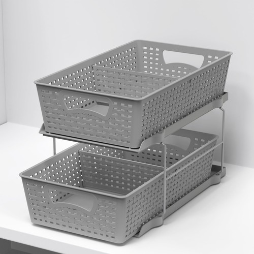 2 Tier Bathroom Organizer Tray Pull-Out Sliding Drawer Under Sink Storage, Grey - Picture 2 of 8