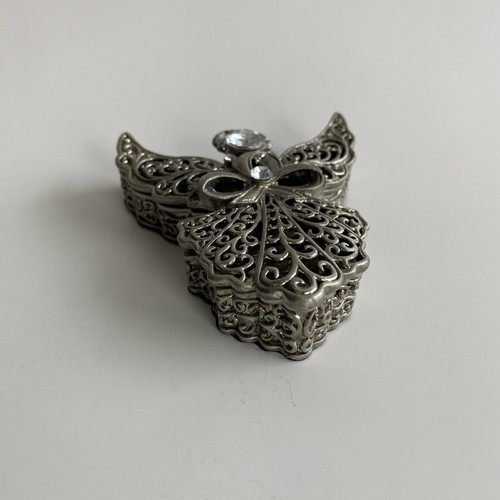 Angel Trinket Jewelry Box Silver Metal Filigree Lid Velvet Bottom Heavy 3.5" - Picture 8 of 8