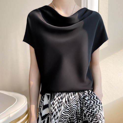 Women Satin Silky Short Sleeve Tops Cowl Neck OL T-shirt Business Blouse Tee - Bild 10 von 17