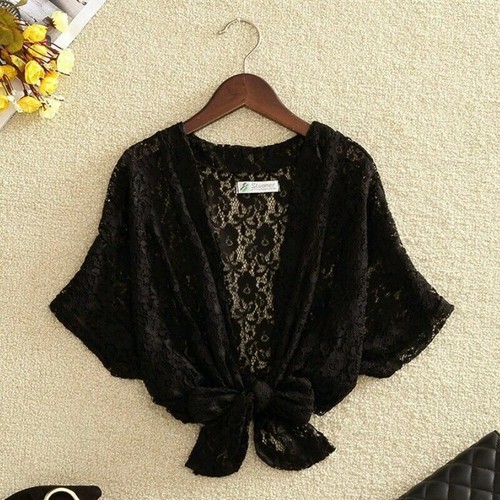 Women Cardigan Coat Hollow Out Lace Bolero Cape Sheer Short Sleeve Summer Green - Picture 4 of 16