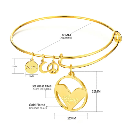 18k Gold Plated Love Heart and Charms Bangle Bracelet - Picture 4 of 4