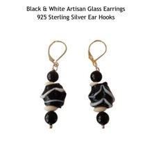 Handmade Beaded Dangle Earrings - Black and White Earrings Dangle Drop - ON SALE