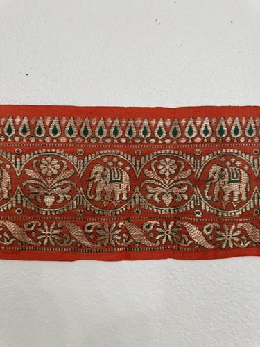 Antique Vintage Gold Silk Brocade Ribbon W Metal Thread Elephant Motif 5” x 52” - Picture 5 of 17