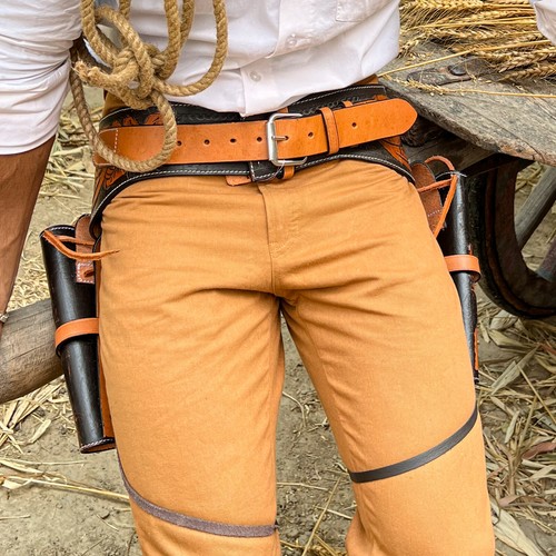 .22CAL COWBOY STYLE SINGLE DROP RIG CALIBER WESTERN LEATHER GUN HOLSTER & BELT - Picture 5 of 31