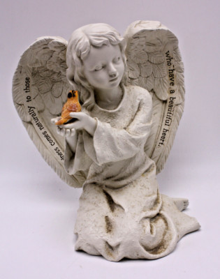 Cast Resin 7  Heavenly Winged Kindness Verse Kneeling Angel Bird in Hand Figure