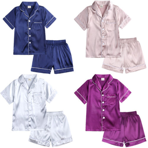 Kids Boys Girls Silk Pyjamas Nightwear Top Pants Pjs Satin Sleepwear Outfits - Picture 2 of 19