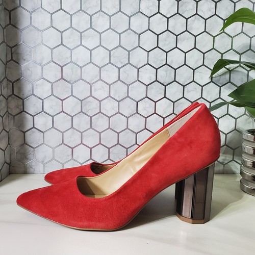 Alfani Step N Flex True Red Suede Pepperr Geometric Heel Pumps Shoes Sz 9.5 - Picture 6 of 13