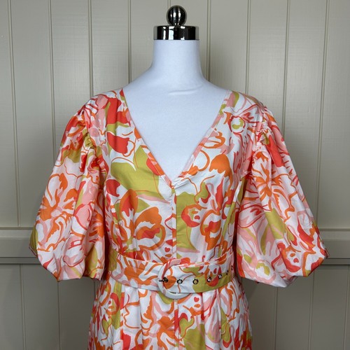 Gingham & Heels Maxi Dress Women's Size 16 Orange Floral Short Puff Sleeve Belt - Picture 3 of 15