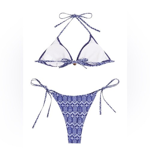 Women’s Blue Patterned Halter Triangle String Bikini Set Medium - Picture 3 of 7