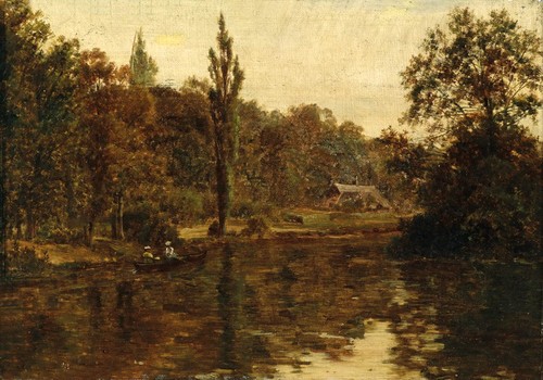 Schönes Kunst Ölgemälde Menschen auf Kanu auf dem Fluss in Sonnenuntergang Landschaft - Bild 1 von 1
