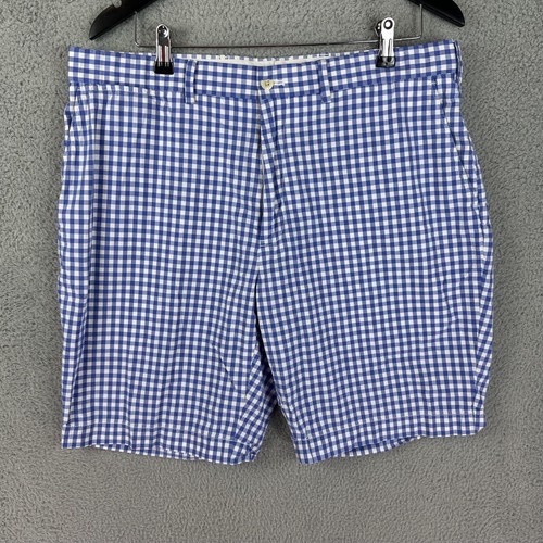 Polo Golf Ralph Lauren Shorts Herren 36 blau weiß Gingham Karo flache Vorderseite Chino