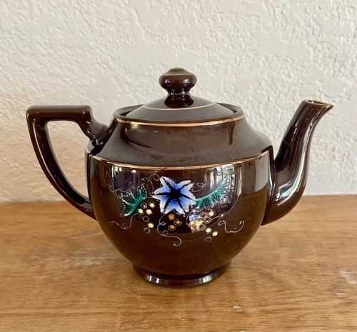 Vtg “Brown Betty” Teapot Brown w/Floral Design Moriage 4.75”T Mid-Century - Picture 7 of 9