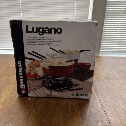 NEW Swissmar Lugano 2-Quart Cast Iron Cheese Fondue Set, 9-Piece Matte Black 193