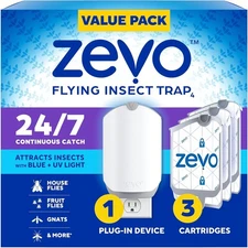 Zevo Flying Insect Trap & 3 Refill Cartridges - Plug in Fly Trap,Blue & UV Light