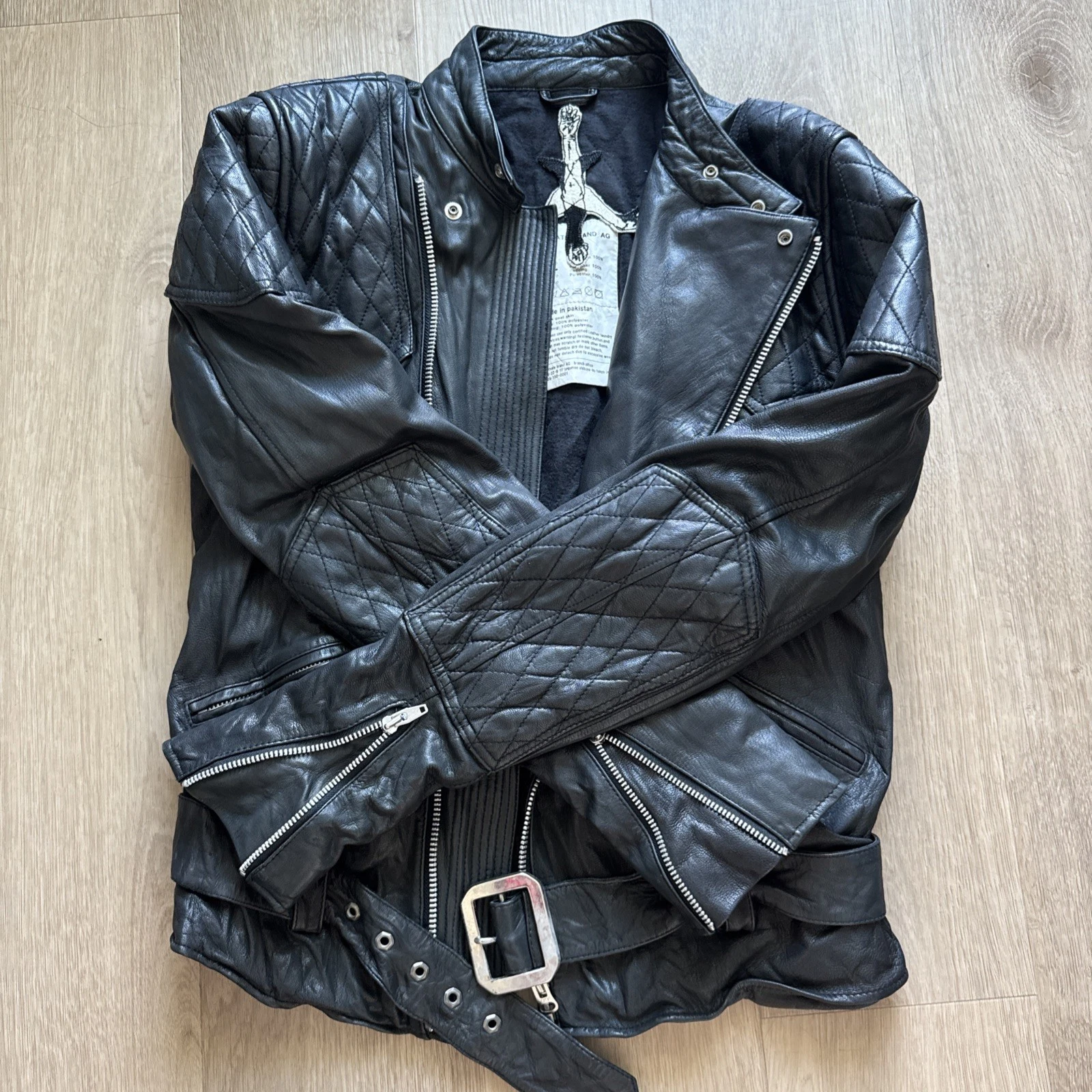 Private Brand AG Black Goat Leather Biker Jacket Quilted Moto XL Japanese Brand image 10