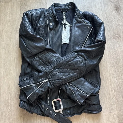 Private Brand AG Black Goat Leather Biker Jacket Quilted Moto XL Japanese Brand image 10