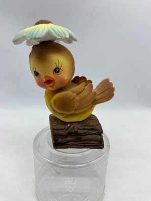 Whimsical Yellow Bird Figurine w/ Flower Hat   Made in Japan   11cm Vintage