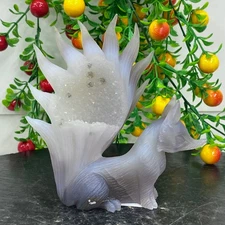 458G Natural Agate Geode Hand Carved Nine-tailed Fox Quartz Crystal Decor