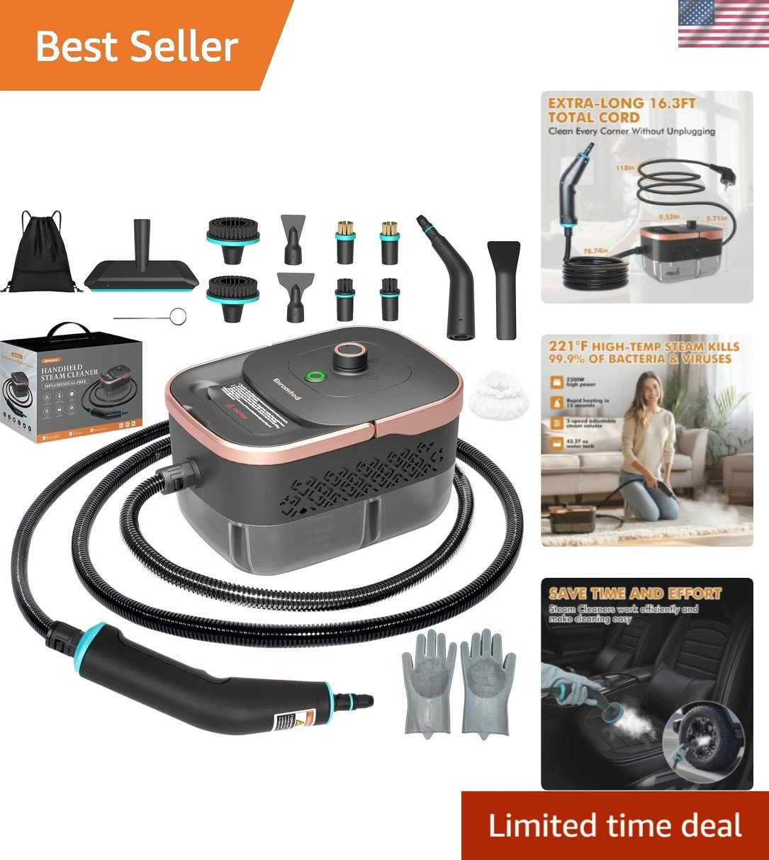 Handheld Steam Cleaner for Home,15s Heat-Up 42.27oz Tank,2500W Portable Steam...