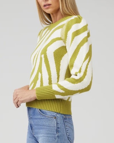 Greylin Harris Intarsia Knit Puff Sleeve Sweater in Algae Green Size XS - Picture 3 of 13