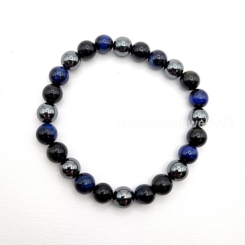 Marineblaues Tigerauge, schwarzer Obsidian metallisch grau Hämatit Perlen Armband 7,5" - Bild 3 von 11