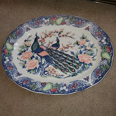 50er Jahre Kaiserin SM Japan Servierplatte große Platte bunt Pfau Obst 18''