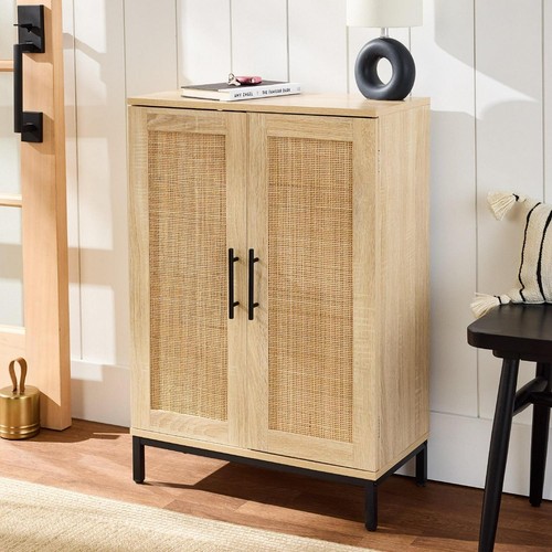 2 Door Rattan Storage Cabinet 34x24in Adjustable Shelves Bathroom Living Entry - Picture 4 of 7