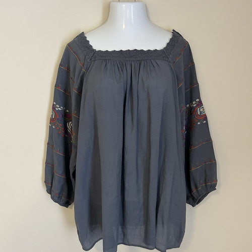 Entro Top Womens 1X Blue Flower Embroidered Boho Peasant Tunic Shirt 3/4 Sleeve