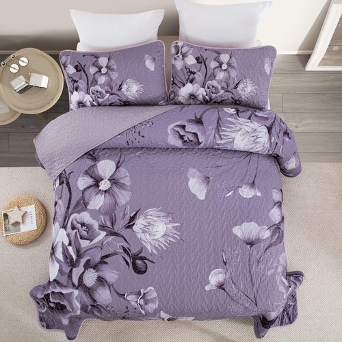 Floral Quilt Set King Size Bedding Set 3 Pieces Dark Purple Boho Floral Quilt... - Picture 3 of 8