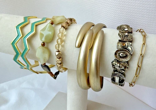 VTG-now Gold Charm *7 Bracelets* Jewelry Lot teal cowboy western 1990s 80s Y2K