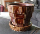 McCoy Brown USA Pottery Basketweave 3 1/4" Mini planter Flower Pot & Saucer EXC