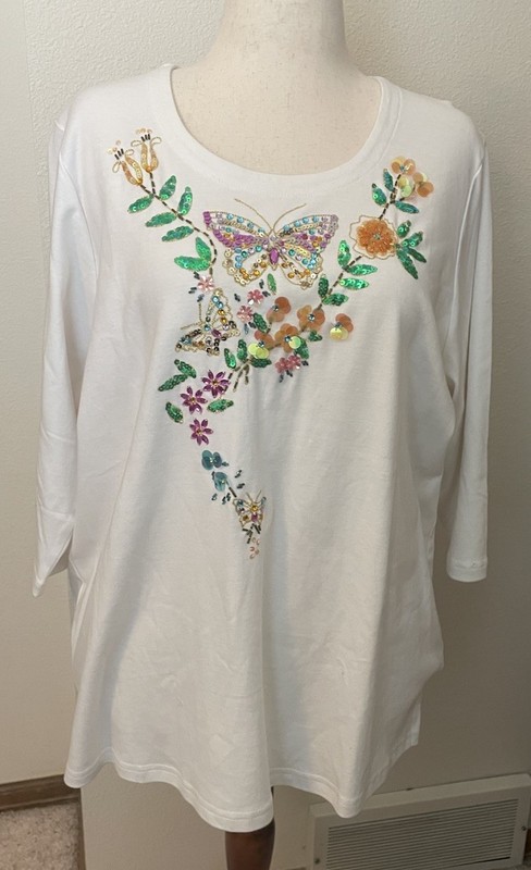 Quacker Factory 1X Butterfly Shirt New Sequins Beads NWT 3/4 Sleeves  White