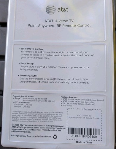 AT&T U-Verse TV Point Anywhere RF Remote Control - Picture 2 of 3