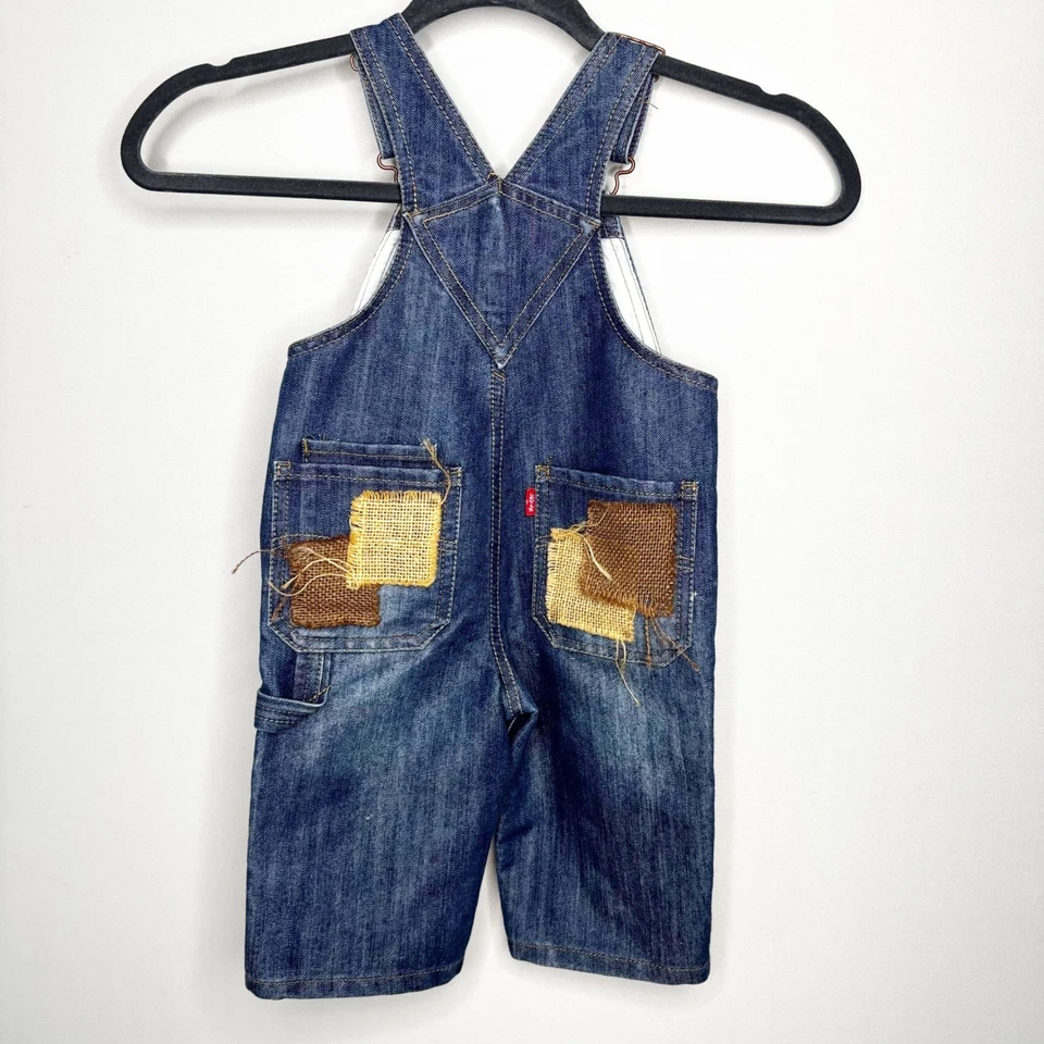 Levis Baby Denim Overalls 12M Blue Distressed Burlap Patches Shortall - Image 4 of 4