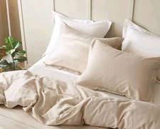 2 King Pillowcases Shams French Linen Flax Cotton Blend - Beige Simple Opulence