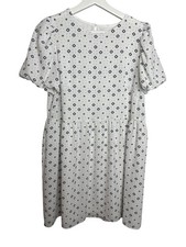 LOFT Babydoll Dress Womens Size 4 Small White Geometric Print Puff Sleeve