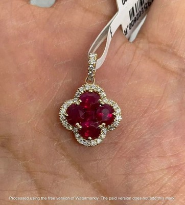 2Ct Oval Cut Lab-Created Red Ruby Clover Shape Pendant 14k Yellow Gold Finish
