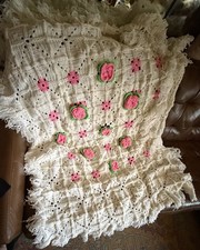 Vtg Handmade Crochet Afghan 3D Pink Rose Blanket 54x42 Granny Square Fringe Edge