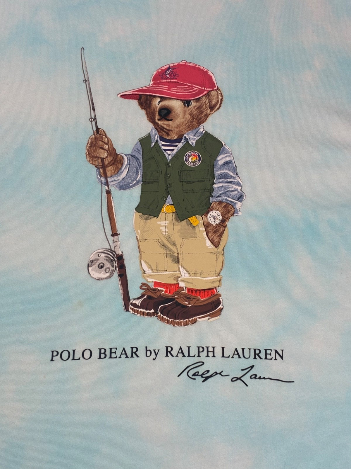 Polo Ralph Lauren Bear Fishing Graphic T-Shirt Mens Size Large Blue Tie Dye Rare image 2