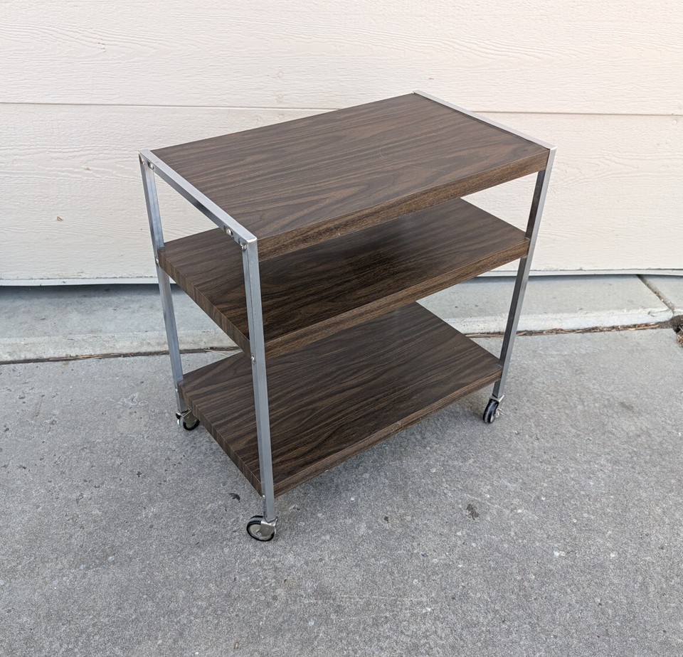 Vintage Mid Century Modern Chrome Metal & Formica 3-Tier Rolling Bar Cart J92