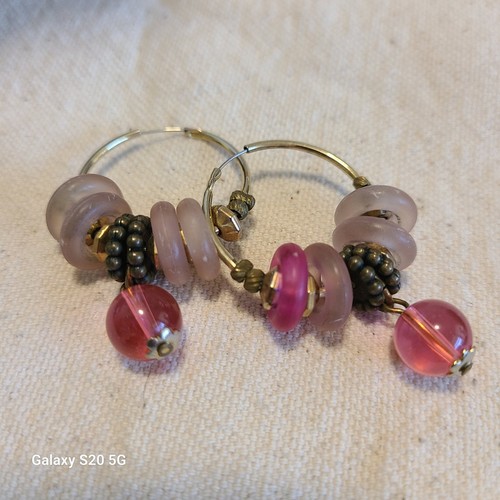 Boho Beaded Hoop Earrings Pink Purple Dangle Drop Statement Jewelry - Picture 4 of 4
