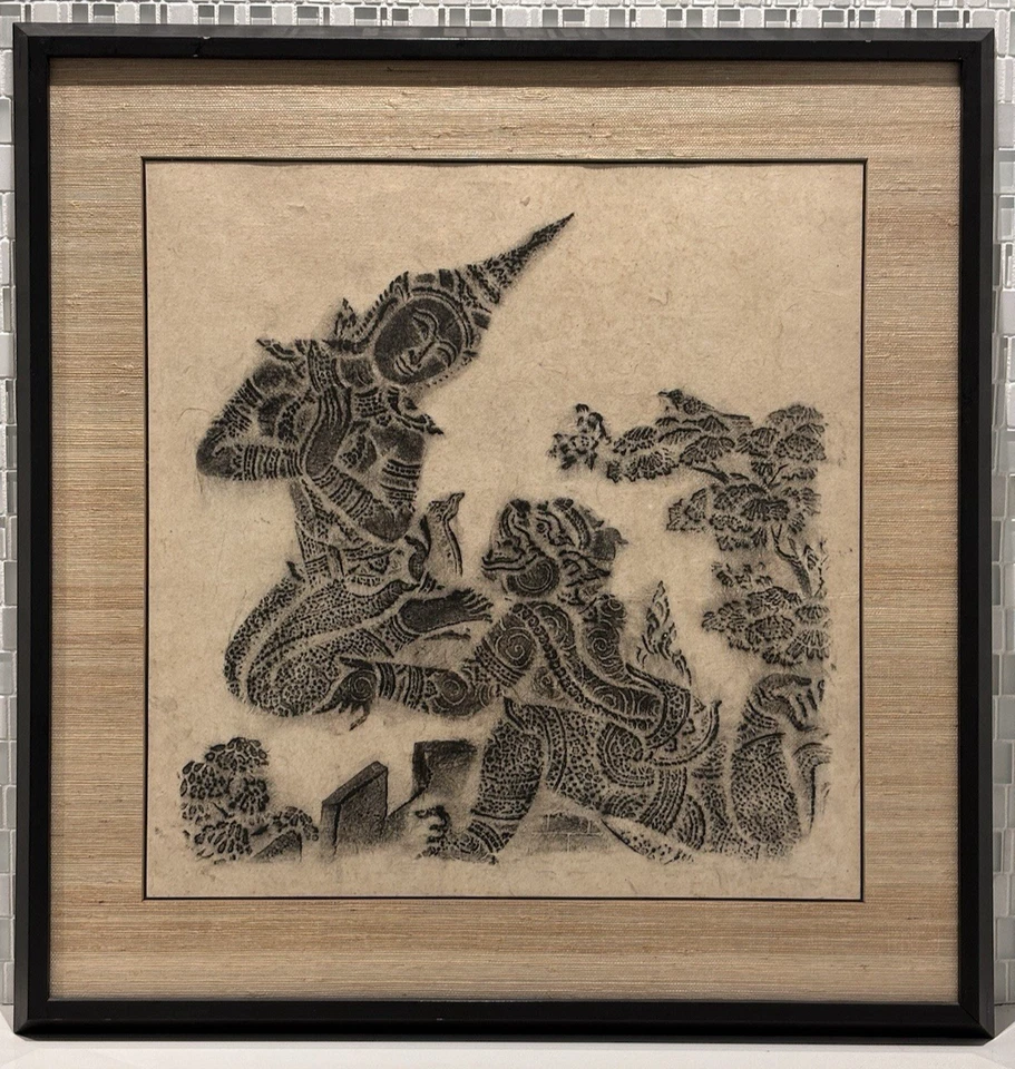 Templo tailandés siamés ramakien budista de colección frotamiento arte tradicional asiático raro Foto 2 de 4